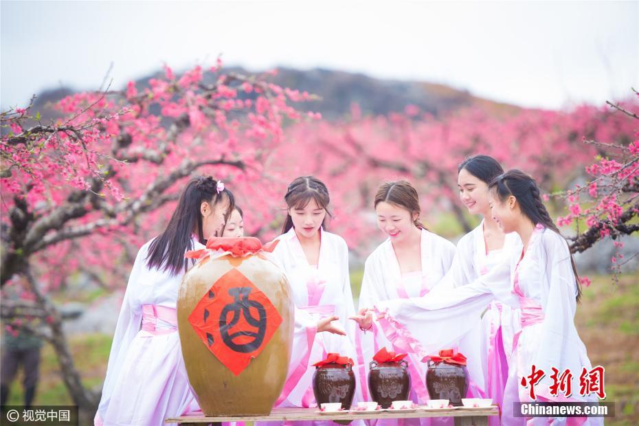 广东连州桃花节 古装女大学生花间吟诗吃酒